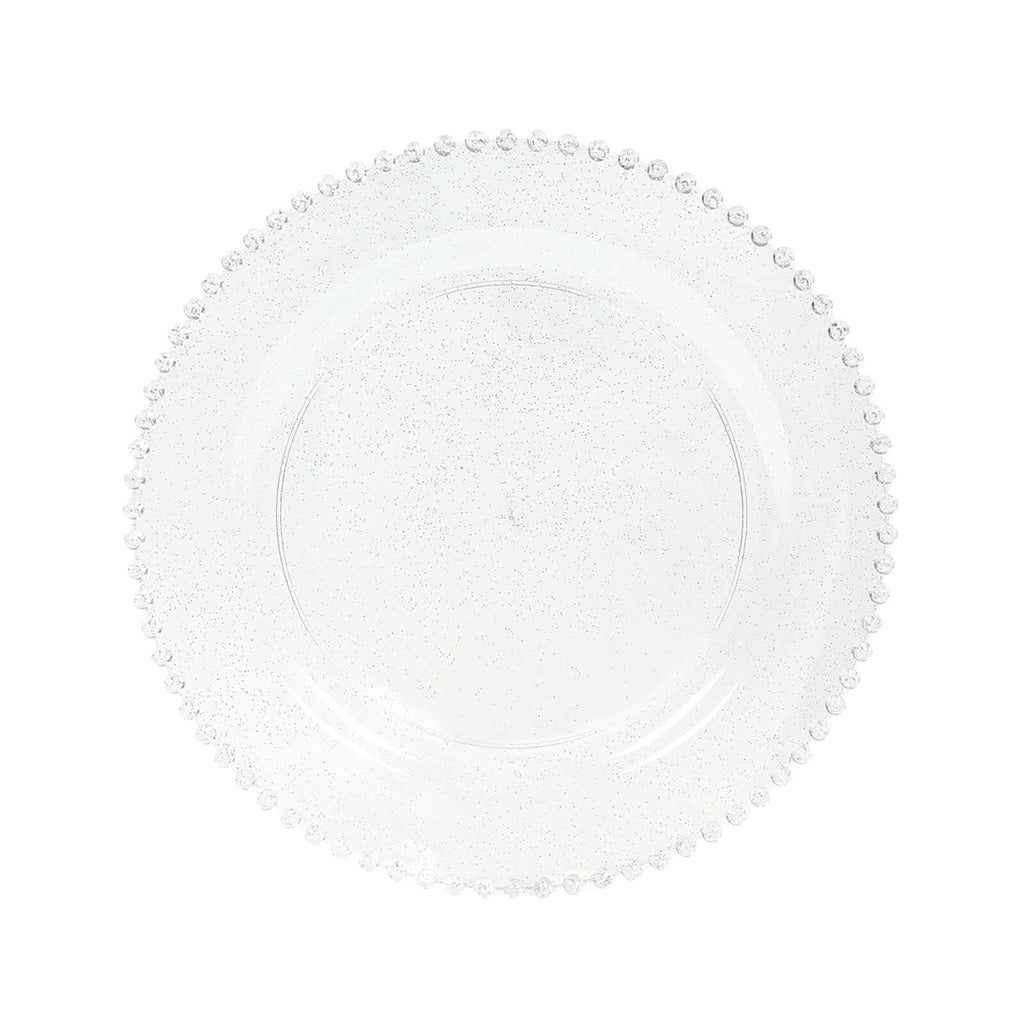 10 - Pack Plastic 10" Round Dinner Plates in Clear Silver Glittered with Beaded Rim - Disposable Party Plates for Banquets & Festive Occasions - Bell Racket Store
