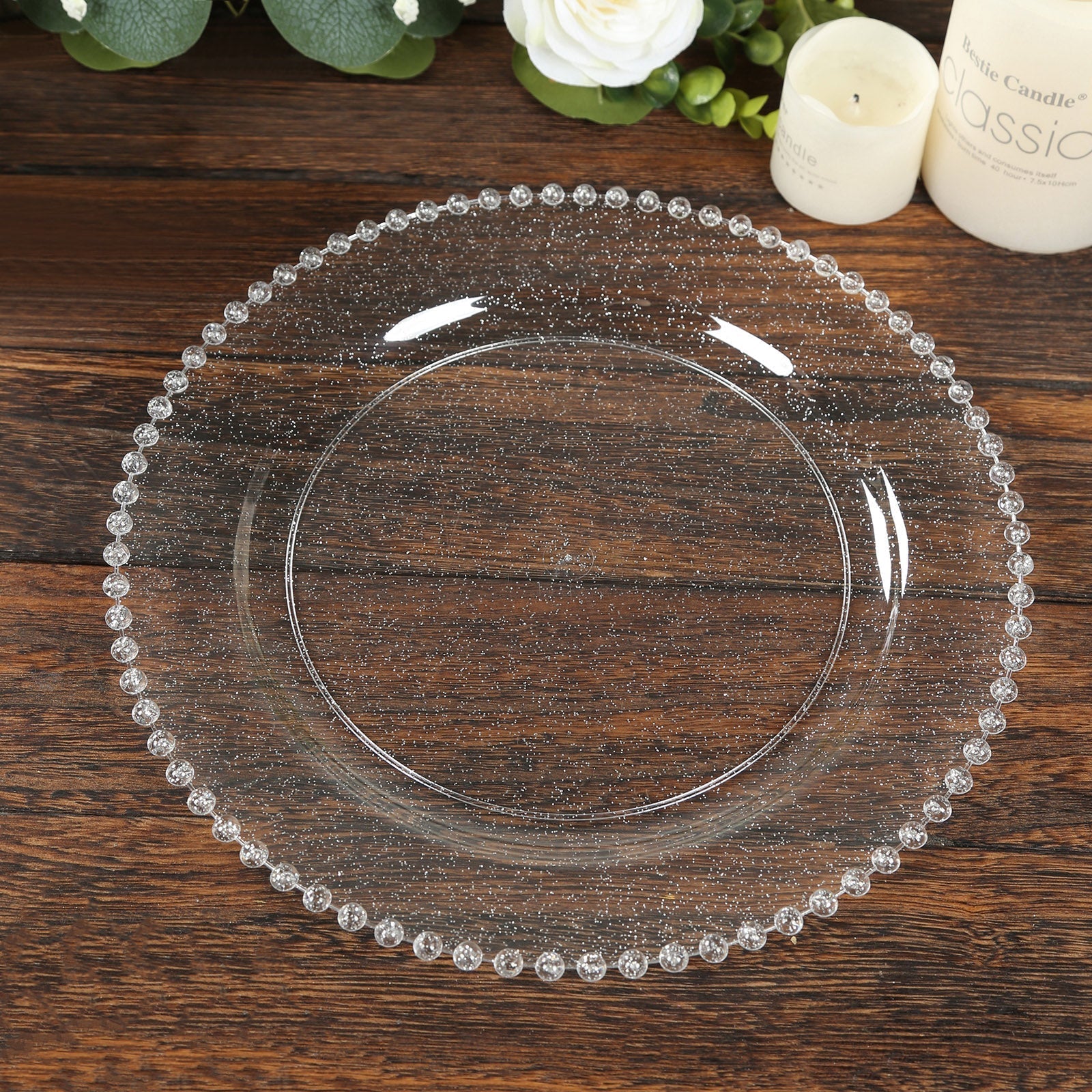 10 - Pack Plastic 10" Round Dinner Plates in Clear Silver Glittered with Beaded Rim - Disposable Party Plates for Banquets & Festive Occasions - Bell Racket Store