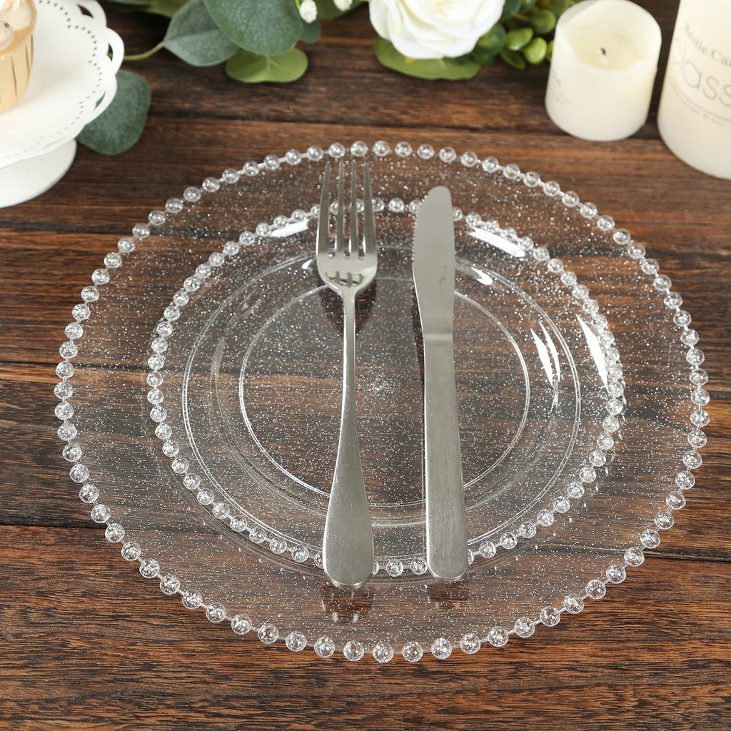10 - Pack Plastic 10" Round Dinner Plates in Clear Silver Glittered with Beaded Rim - Disposable Party Plates for Banquets & Festive Occasions - Bell Racket Store