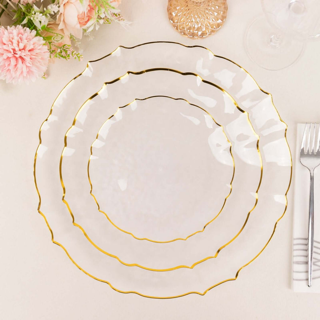 10 - Pack Plastic 10" Round Dinner Plates in Clear Sunflower with Gold Scalloped Rim - Disposable Party Plates for Classy Events & Banquets - Bell Racket Store