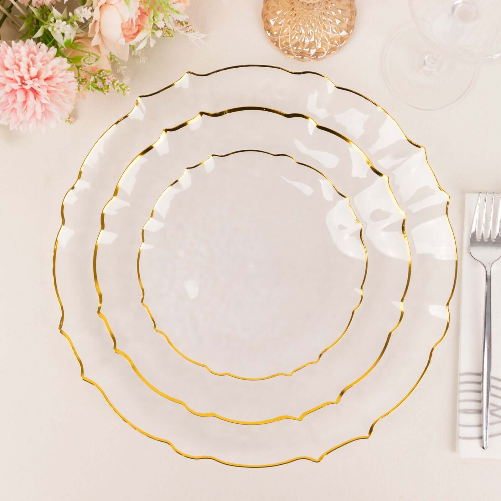 10 - Pack Plastic 10" Round Dinner Plates in Clear Sunflower with Gold Scalloped Rim - Disposable Party Plates for Classy Events & Banquets - Bell Racket Store