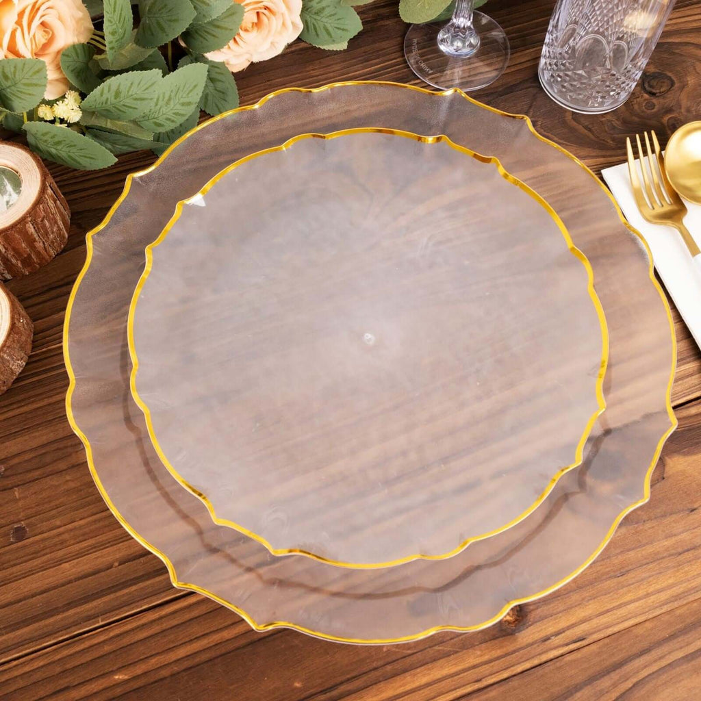 10 - Pack Plastic 10" Round Dinner Plates in Clear Sunflower with Gold Scalloped Rim - Disposable Party Plates for Classy Events & Banquets - Bell Racket Store