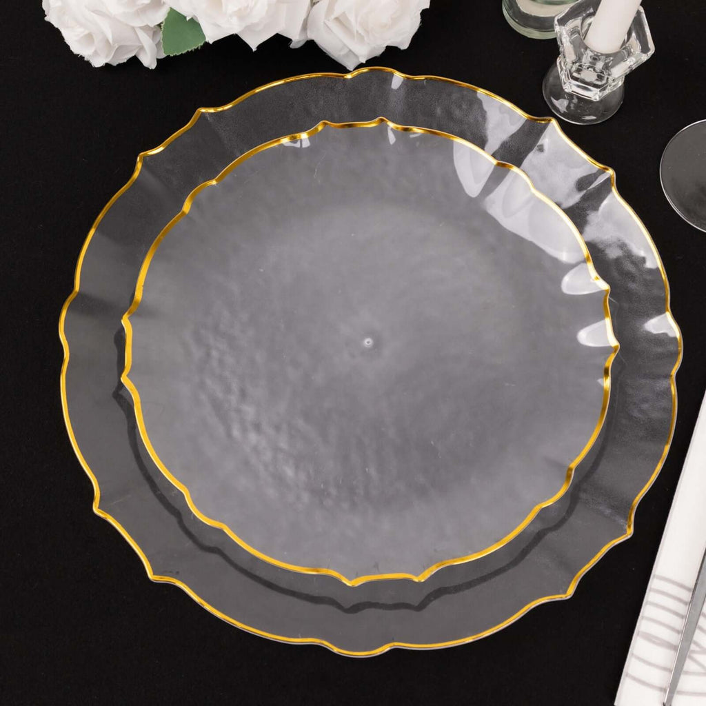 10 - Pack Plastic 10" Round Dinner Plates in Clear Sunflower with Gold Scalloped Rim - Disposable Party Plates for Classy Events & Banquets - Bell Racket Store