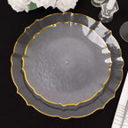 10 - Pack Plastic 10" Round Dinner Plates in Clear Sunflower with Gold Scalloped Rim - Disposable Party Plates for Classy Events & Banquets - Bell Racket Store