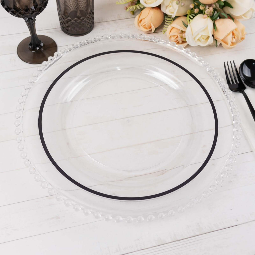 10 - Pack Plastic 10" Round Dinner Plates in Clear with Black Rim - Disposable Party Plates for Classy Banquets & Special Occasions - Bell Racket Store