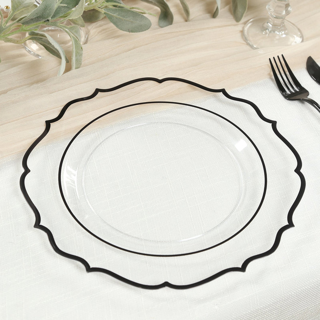 10 - Pack Plastic 10" Round Dinner Plates in Clear with Black Scalloped Rim - Disposable Party Plates - Bell Racket Store