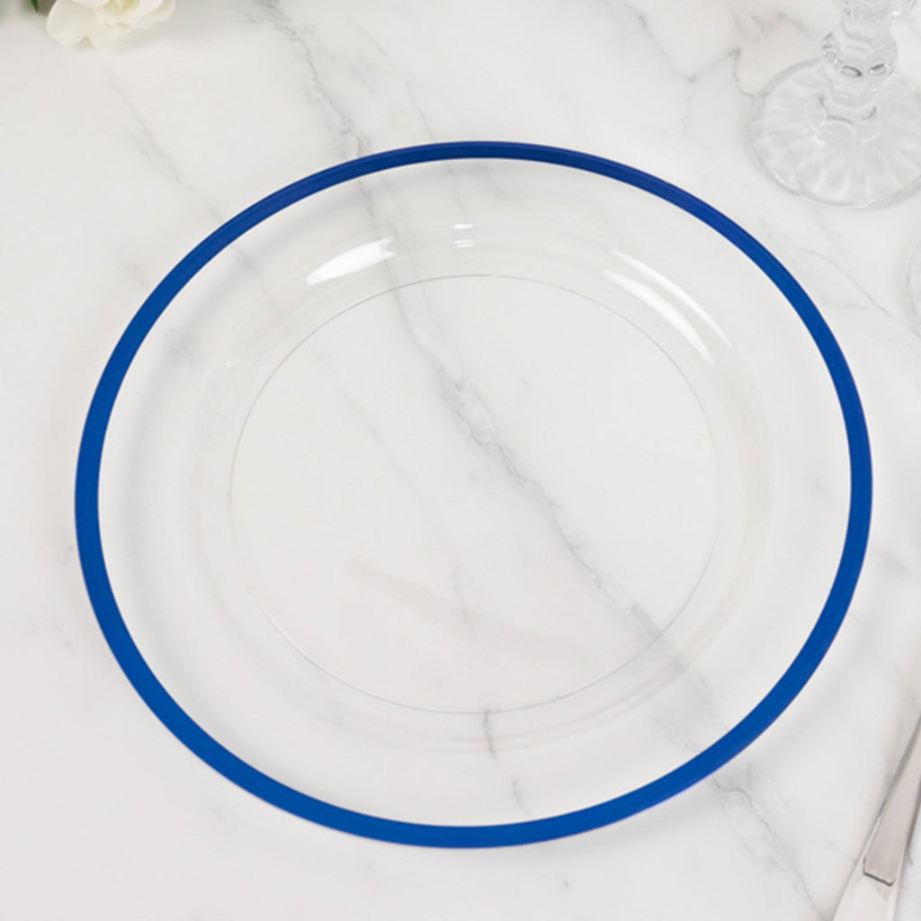 10 - Pack Plastic 10" Round Dinner Plates in Clear with Blue Rim - Disposable Party Plates for Classy Banquets & Special Occasions - Bell Racket Store