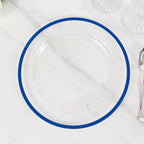 10 - Pack Plastic 10" Round Dinner Plates in Clear with Blue Rim - Disposable Party Plates for Classy Banquets & Special Occasions - Bell Racket Store