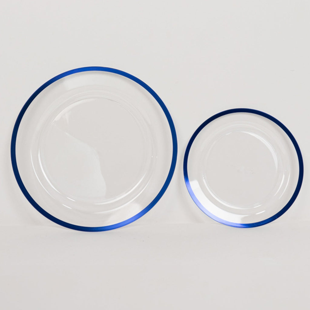 10 - Pack Plastic 10" Round Dinner Plates in Clear with Blue Rim - Disposable Party Plates for Classy Banquets & Special Occasions - Bell Racket Store