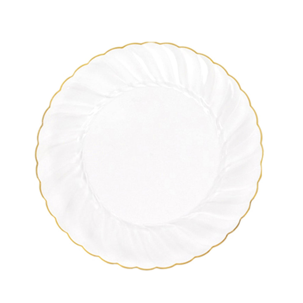 10 - Pack Plastic 10" Round Dinner Plates in Clear with Gold Flair Rim - Disposable Party Plates for Upscale Banquets & Special Occasions - Bell Racket Store