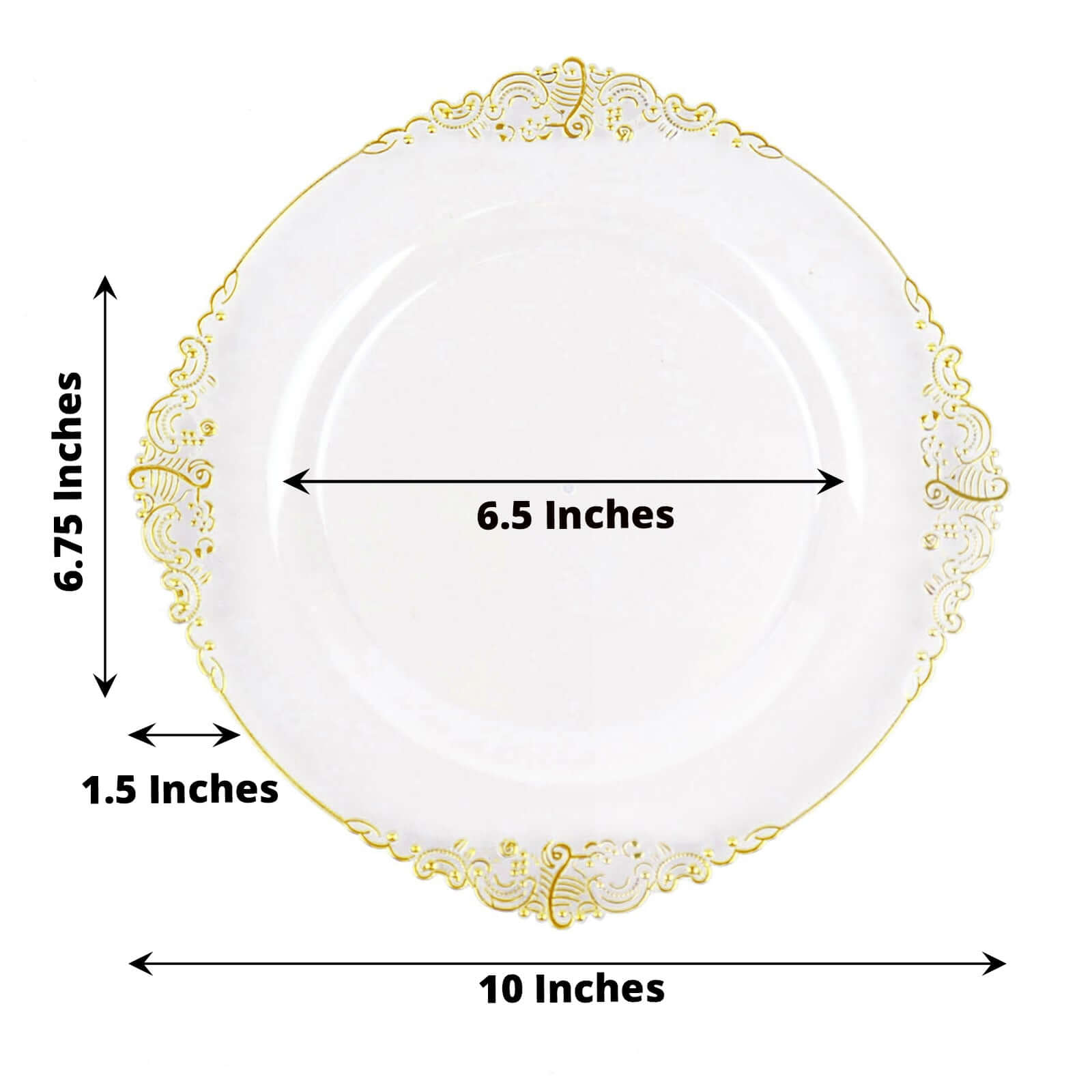 10 - Pack Plastic 10" Round Dinner Plates in Clear with Gold Leaf Embossed Rim - Disposable Vintage Baroque Style Plates - Bell Racket Store