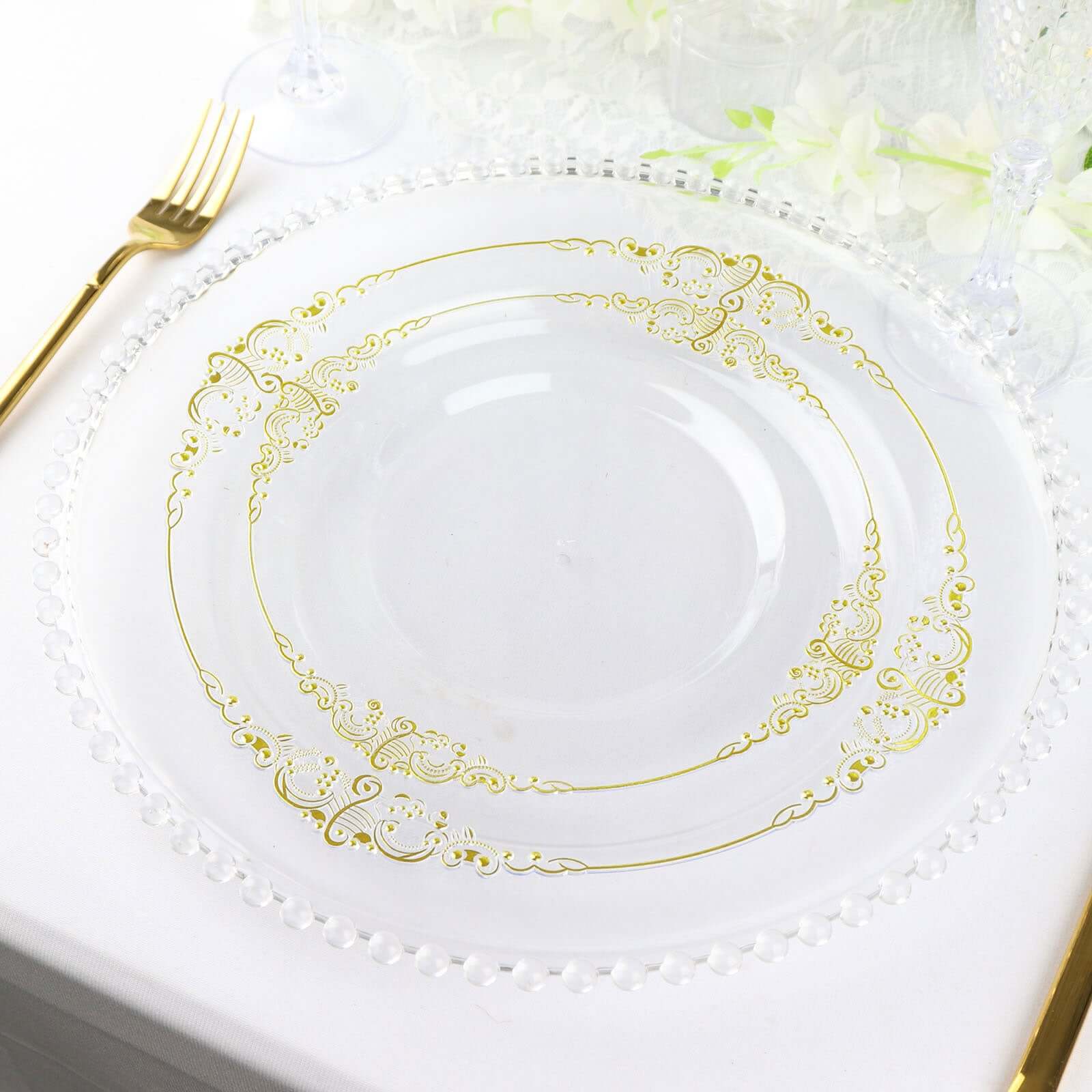 10 - Pack Plastic 10" Round Dinner Plates in Clear with Gold Leaf Embossed Rim - Disposable Vintage Baroque Style Plates - Bell Racket Store