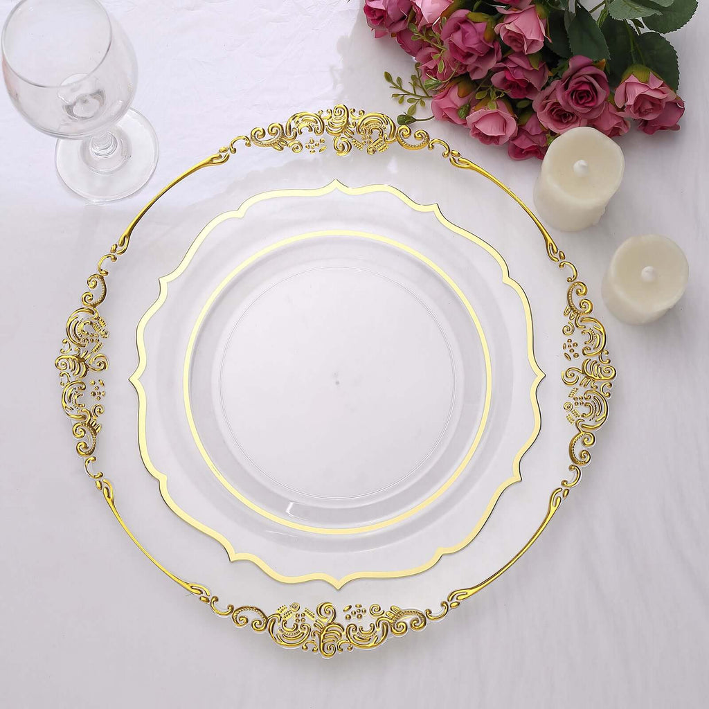 10 - Pack Plastic 10" Round Dinner Plates in Clear with Gold Scalloped Rim - Disposable Party Plates - Bell Racket Store