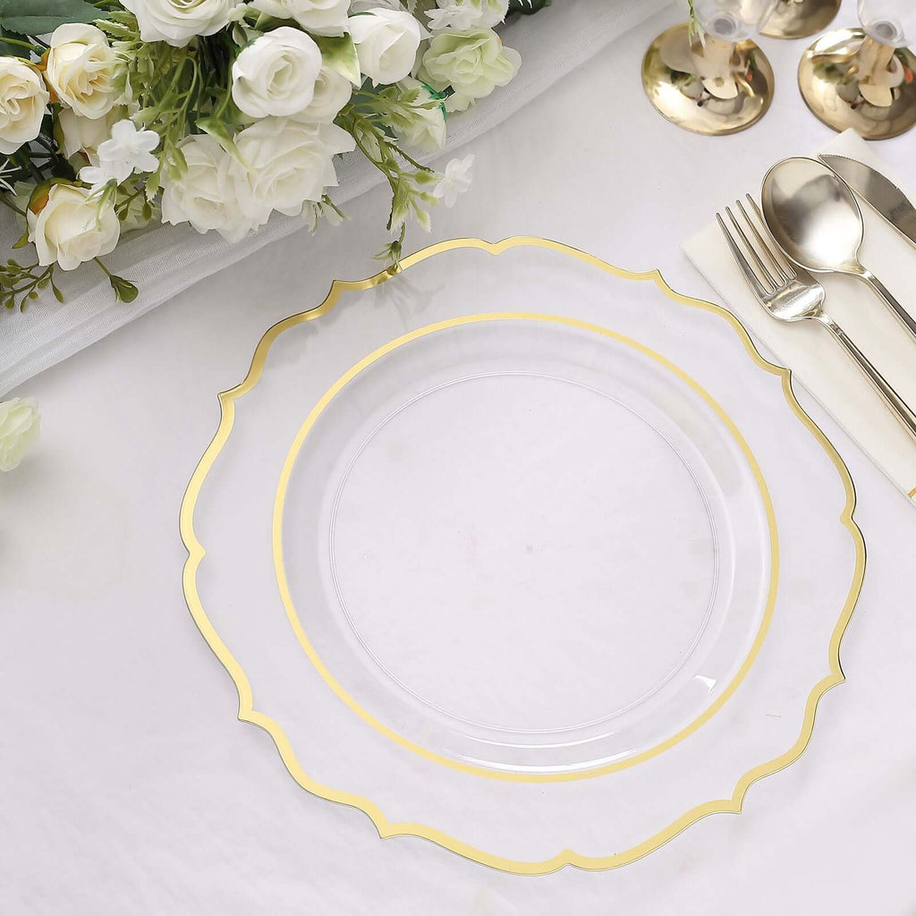 10 - Pack Plastic 10" Round Dinner Plates in Clear with Gold Scalloped Rim - Disposable Party Plates - Bell Racket Store