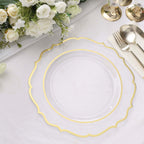 10 - Pack Plastic 10" Round Dinner Plates in Clear with Gold Scalloped Rim - Disposable Party Plates - Bell Racket Store