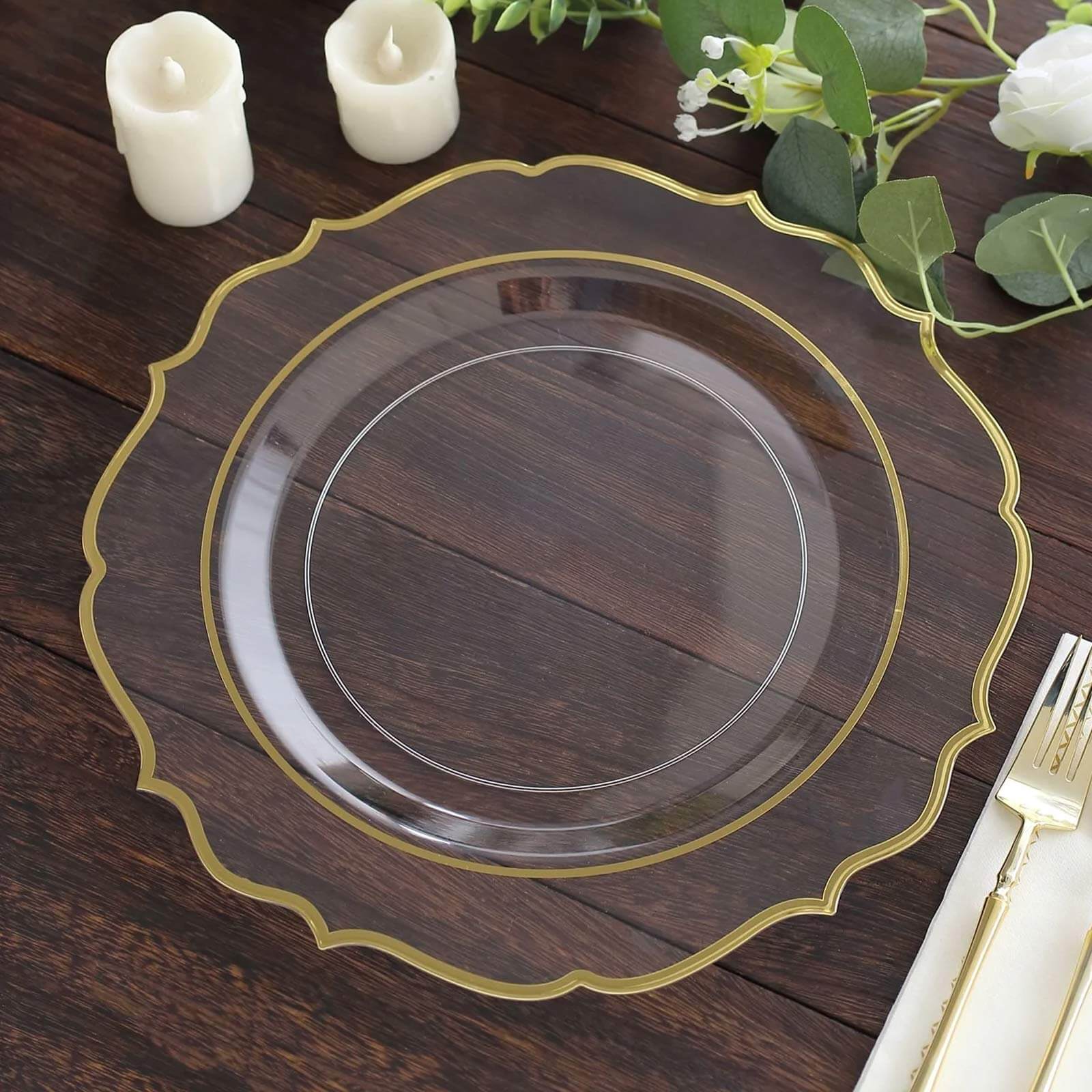 10 - Pack Plastic 10" Round Dinner Plates in Clear with Gold Scalloped Rim - Disposable Party Plates - Bell Racket Store