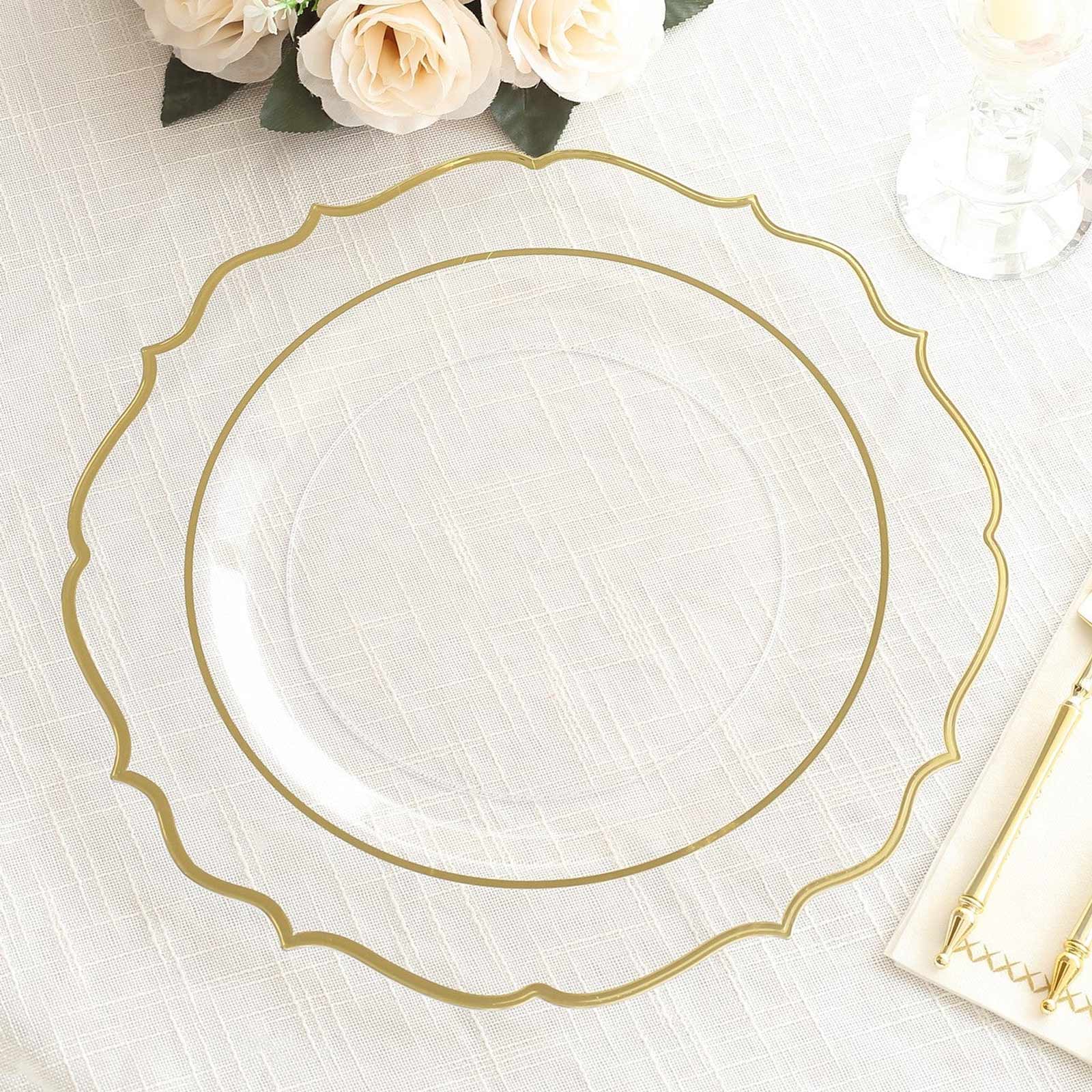 10 - Pack Plastic 10" Round Dinner Plates in Clear with Gold Scalloped Rim - Disposable Party Plates - Bell Racket Store