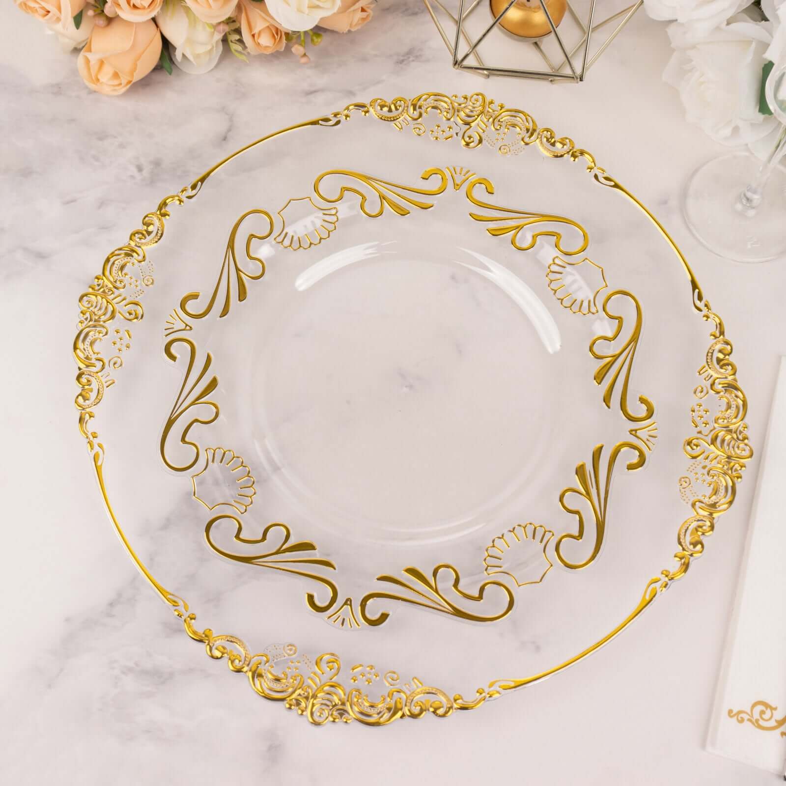 10 - Pack Plastic 10" Round Dinner Plates in Clear with Gold Vintage Baroque Scalloped Rim - European Style Disposable Party Plates - Bell Racket Store