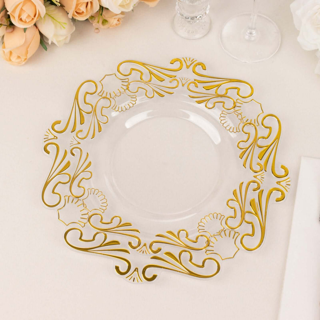 10 - Pack Plastic 10" Round Dinner Plates in Clear with Gold Vintage Baroque Scalloped Rim - European Style Disposable Party Plates - Bell Racket Store