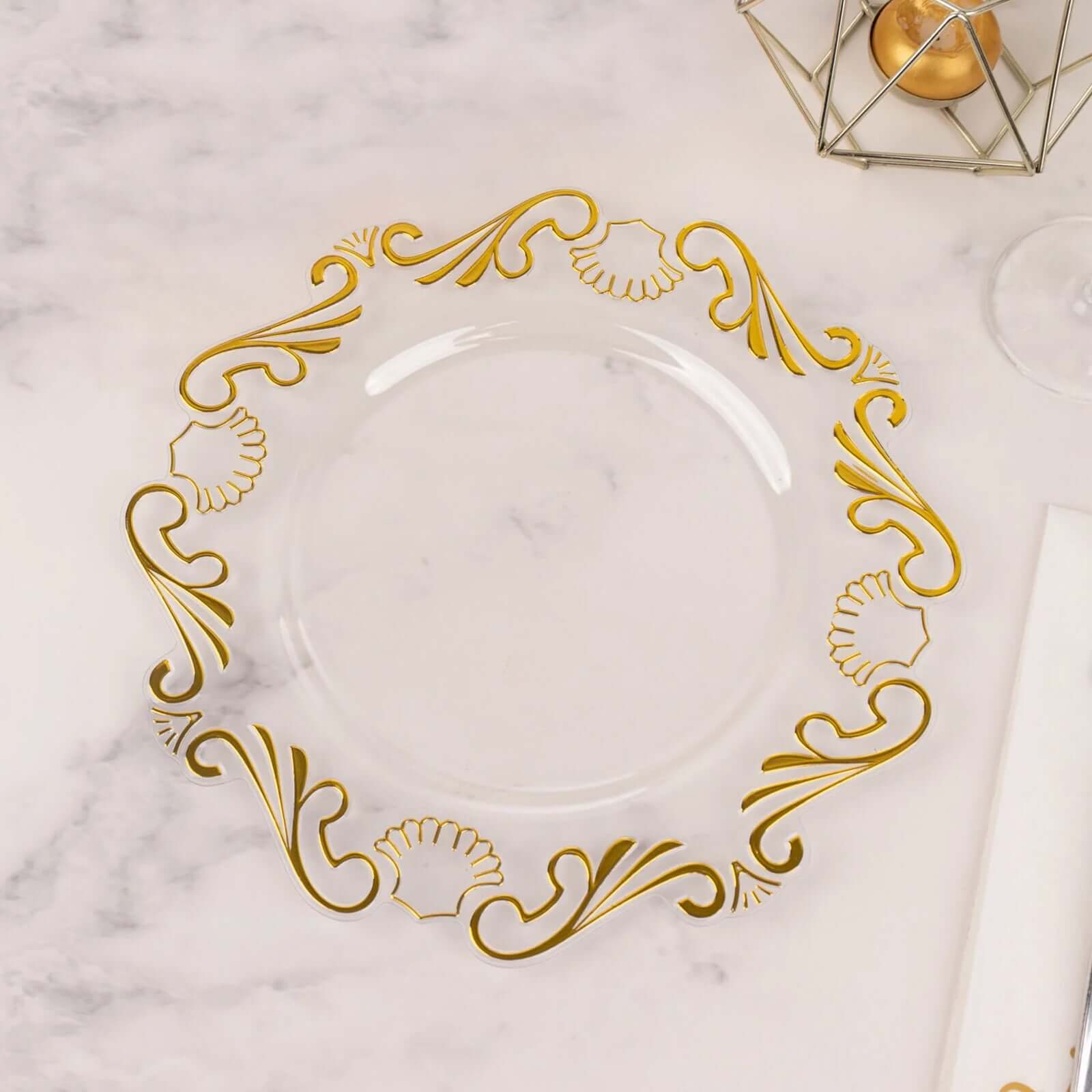 10 - Pack Plastic 10" Round Dinner Plates in Clear with Gold Vintage Baroque Scalloped Rim - European Style Disposable Party Plates - Bell Racket Store