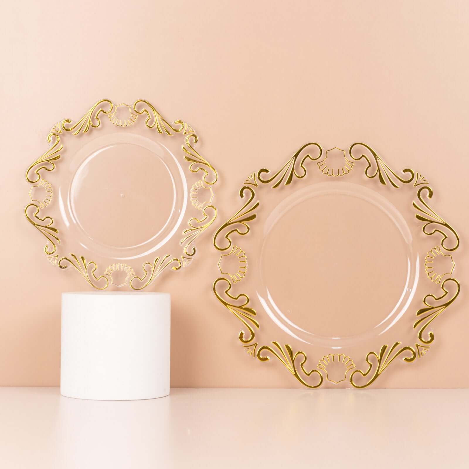 10 - Pack Plastic 10" Round Dinner Plates in Clear with Gold Vintage Baroque Scalloped Rim - European Style Disposable Party Plates - Bell Racket Store