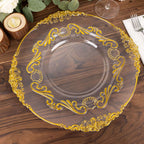 10 - Pack Plastic 10" Round Dinner Plates in Clear with Gold Vintage Baroque Scalloped Rim - European Style Disposable Party Plates - Bell Racket Store