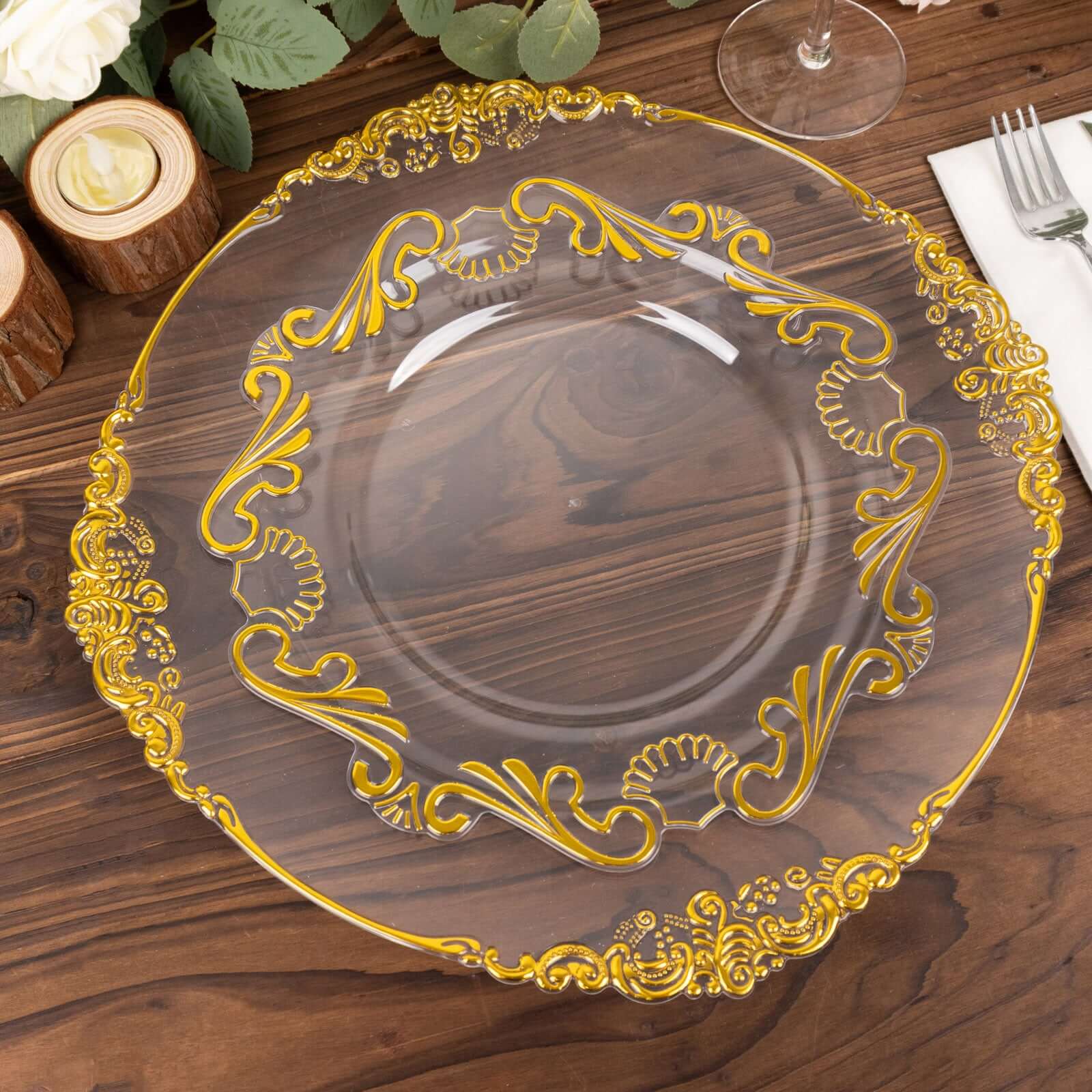 10 - Pack Plastic 10" Round Dinner Plates in Clear with Gold Vintage Baroque Scalloped Rim - European Style Disposable Party Plates - Bell Racket Store