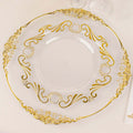 10 - Pack Plastic 10" Round Dinner Plates in Clear with Gold Vintage Baroque Scalloped Rim - European Style Disposable Party Plates - Bell Racket Store
