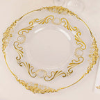 10 - Pack Plastic 10" Round Dinner Plates in Clear with Gold Vintage Baroque Scalloped Rim - European Style Disposable Party Plates - Bell Racket Store