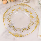 10 - Pack Plastic 10" Round Dinner Plates in Clear with Gold Vintage Baroque Scalloped Rim - European Style Disposable Party Plates - Bell Racket Store