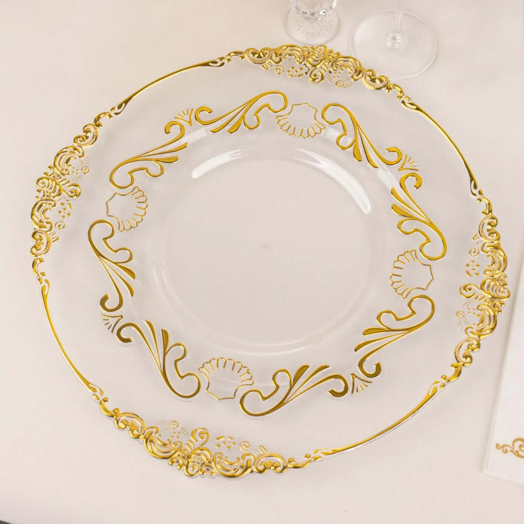 10 - Pack Plastic 10" Round Dinner Plates in Clear with Gold Vintage Baroque Scalloped Rim - European Style Disposable Party Plates - Bell Racket Store