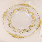 10 - Pack Plastic 10" Round Dinner Plates in Clear with Gold Vintage Baroque Scalloped Rim - European Style Disposable Party Plates - Bell Racket Store