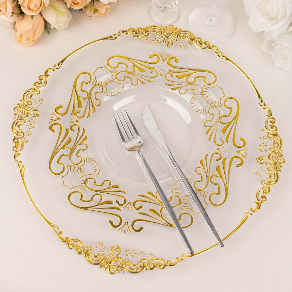 10 - Pack Plastic 10" Round Dinner Plates in Clear with Gold Vintage Baroque Scalloped Rim - European Style Disposable Party Plates - Bell Racket Store