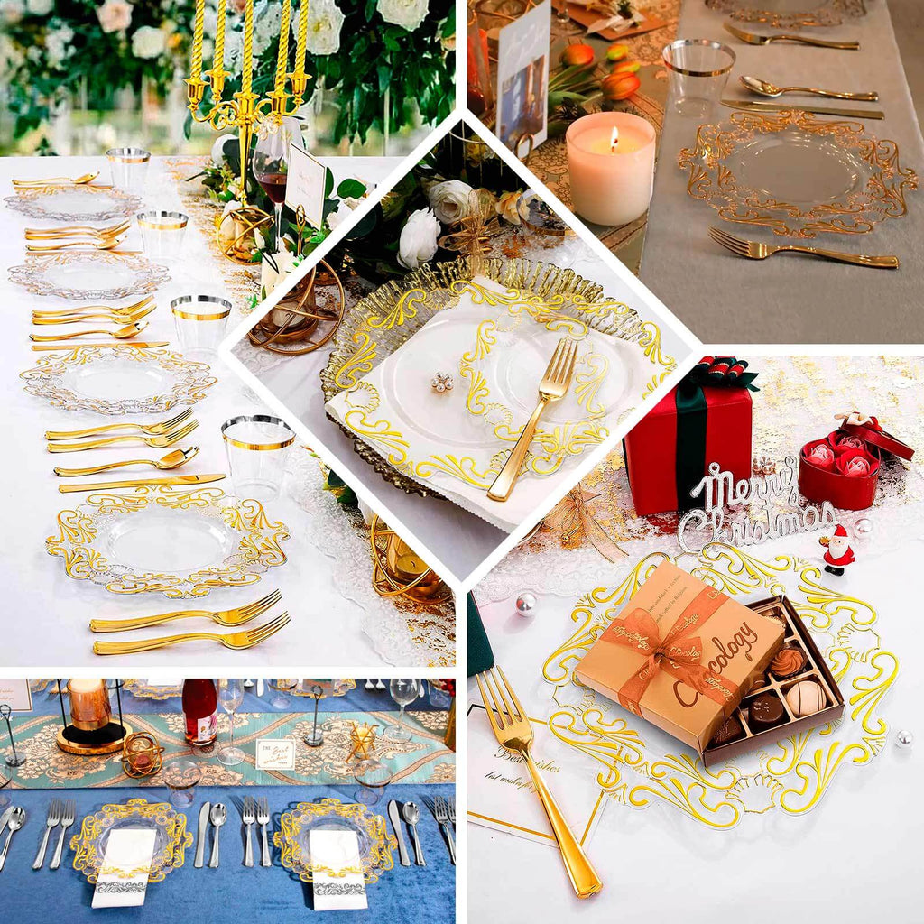 10 - Pack Plastic 10" Round Dinner Plates in Clear with Gold Vintage Baroque Scalloped Rim - European Style Disposable Party Plates - Bell Racket Store