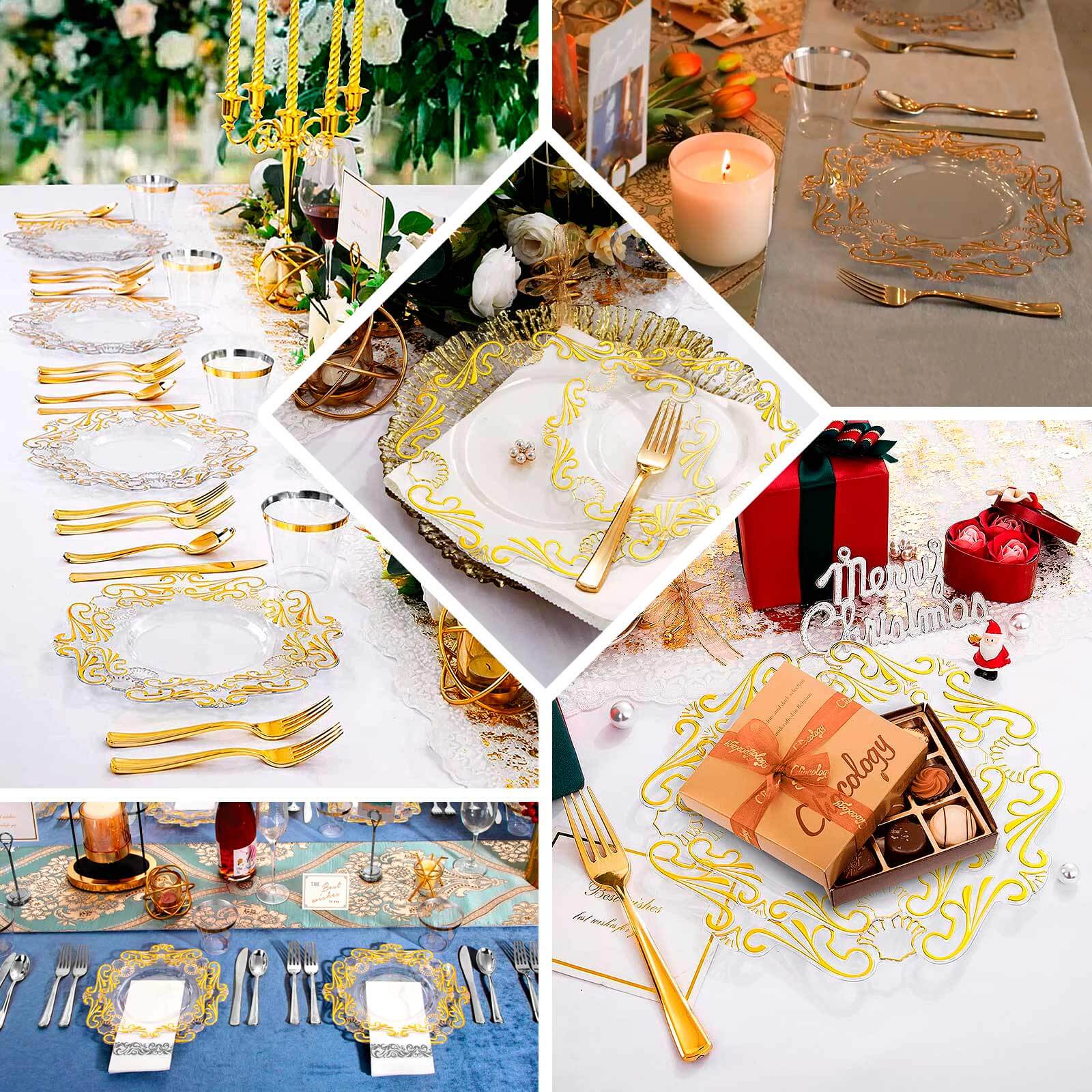 10 - Pack Plastic 10" Round Dinner Plates in Clear with Gold Vintage Baroque Scalloped Rim - European Style Disposable Party Plates - Bell Racket Store