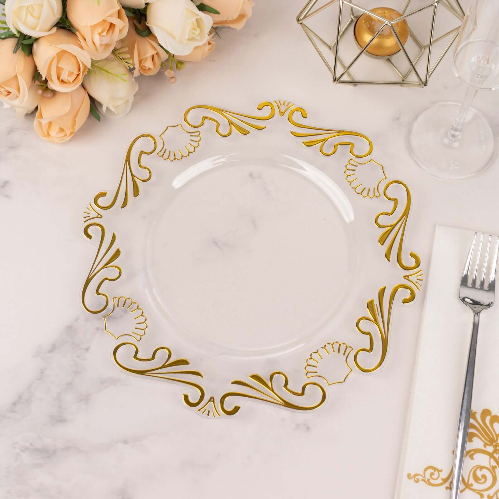 10 - Pack Plastic 10" Round Dinner Plates in Clear with Gold Vintage Baroque Scalloped Rim - European Style Disposable Party Plates - Bell Racket Store