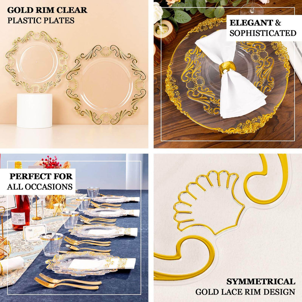 10 - Pack Plastic 10" Round Dinner Plates in Clear with Gold Vintage Baroque Scalloped Rim - European Style Disposable Party Plates - Bell Racket Store