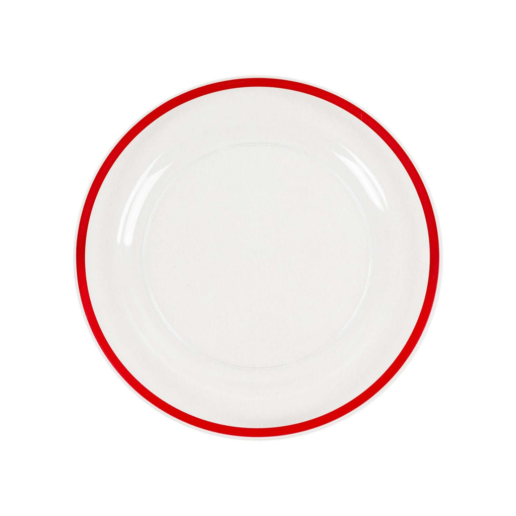 10 - Pack Plastic 10" Round Dinner Plates in Clear with Red Rim - Disposable Party Plates for Classy Banquets & Special Occasions - Bell Racket Store