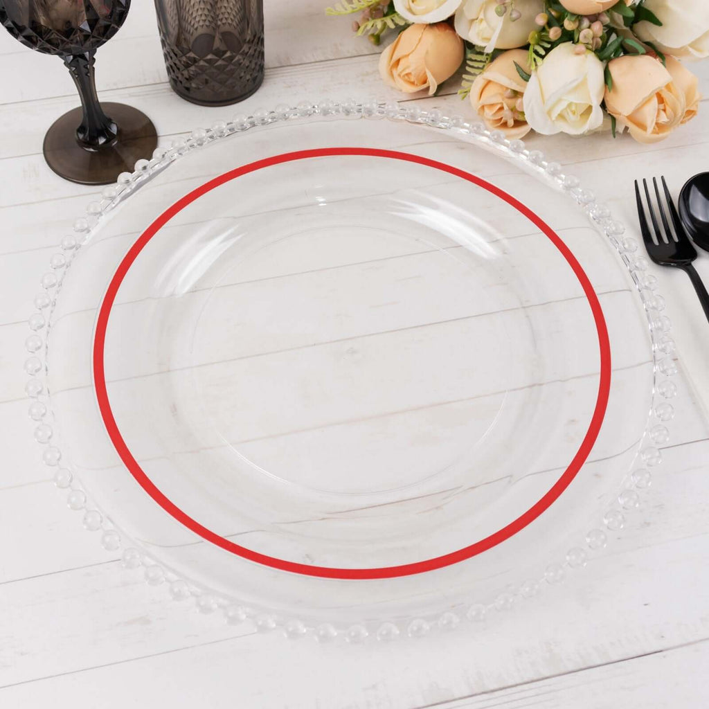10 - Pack Plastic 10" Round Dinner Plates in Clear with Red Rim - Disposable Party Plates for Classy Banquets & Special Occasions - Bell Racket Store