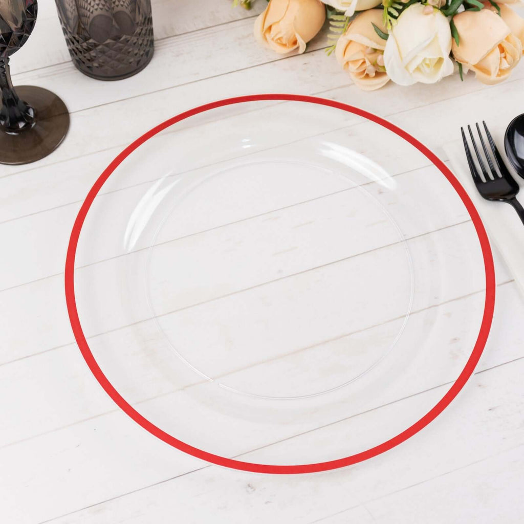 10 - Pack Plastic 10" Round Dinner Plates in Clear with Red Rim - Disposable Party Plates for Classy Banquets & Special Occasions - Bell Racket Store