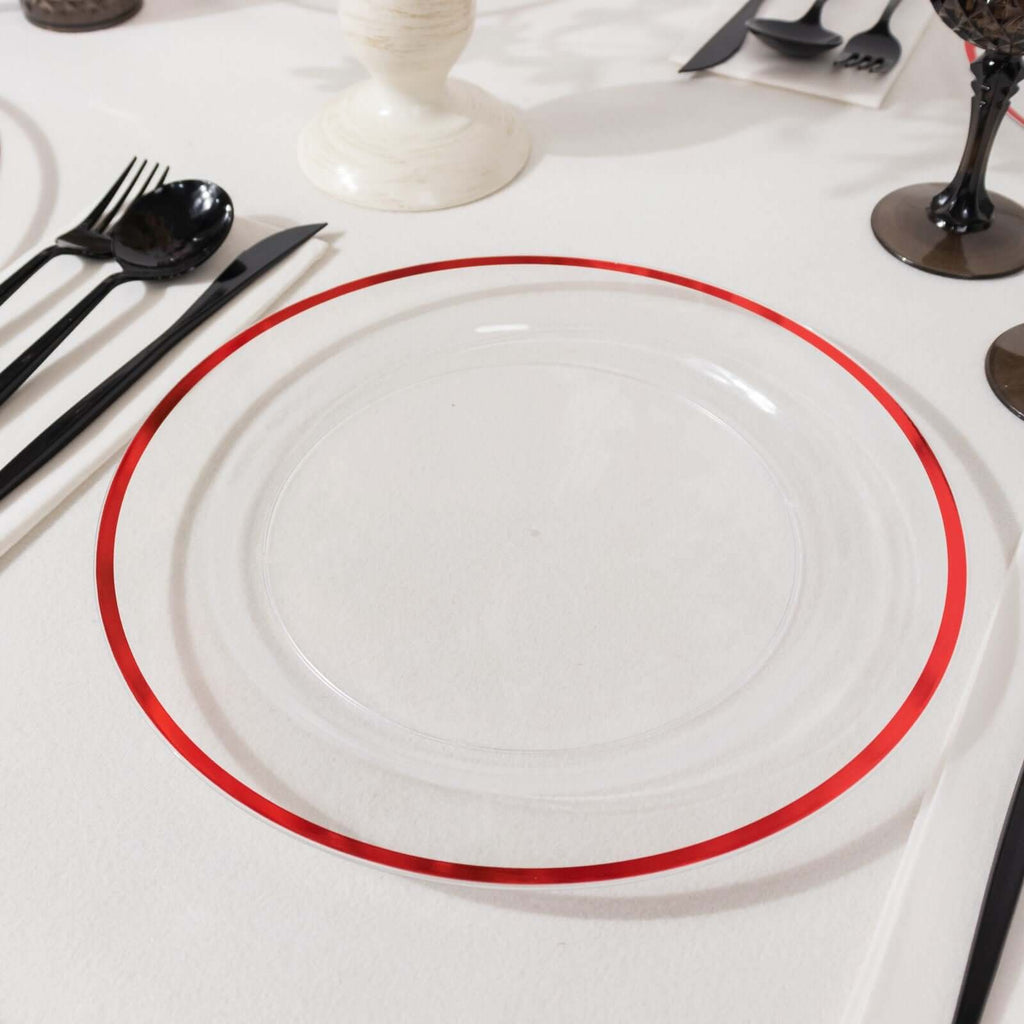 10 - Pack Plastic 10" Round Dinner Plates in Clear with Red Rim - Disposable Party Plates for Classy Banquets & Special Occasions - Bell Racket Store