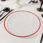 10 - Pack Plastic 10" Round Dinner Plates in Clear with Red Rim - Disposable Party Plates for Classy Banquets & Special Occasions - Bell Racket Store