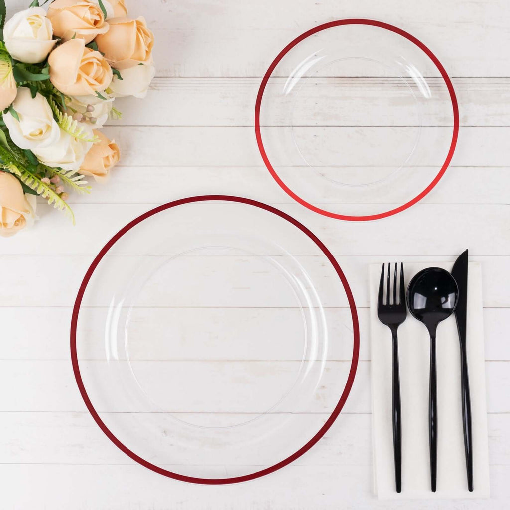 10 - Pack Plastic 10" Round Dinner Plates in Clear with Red Rim - Disposable Party Plates for Classy Banquets & Special Occasions - Bell Racket Store
