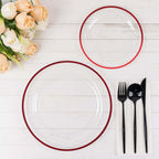 10 - Pack Plastic 10" Round Dinner Plates in Clear with Red Rim - Disposable Party Plates for Classy Banquets & Special Occasions - Bell Racket Store