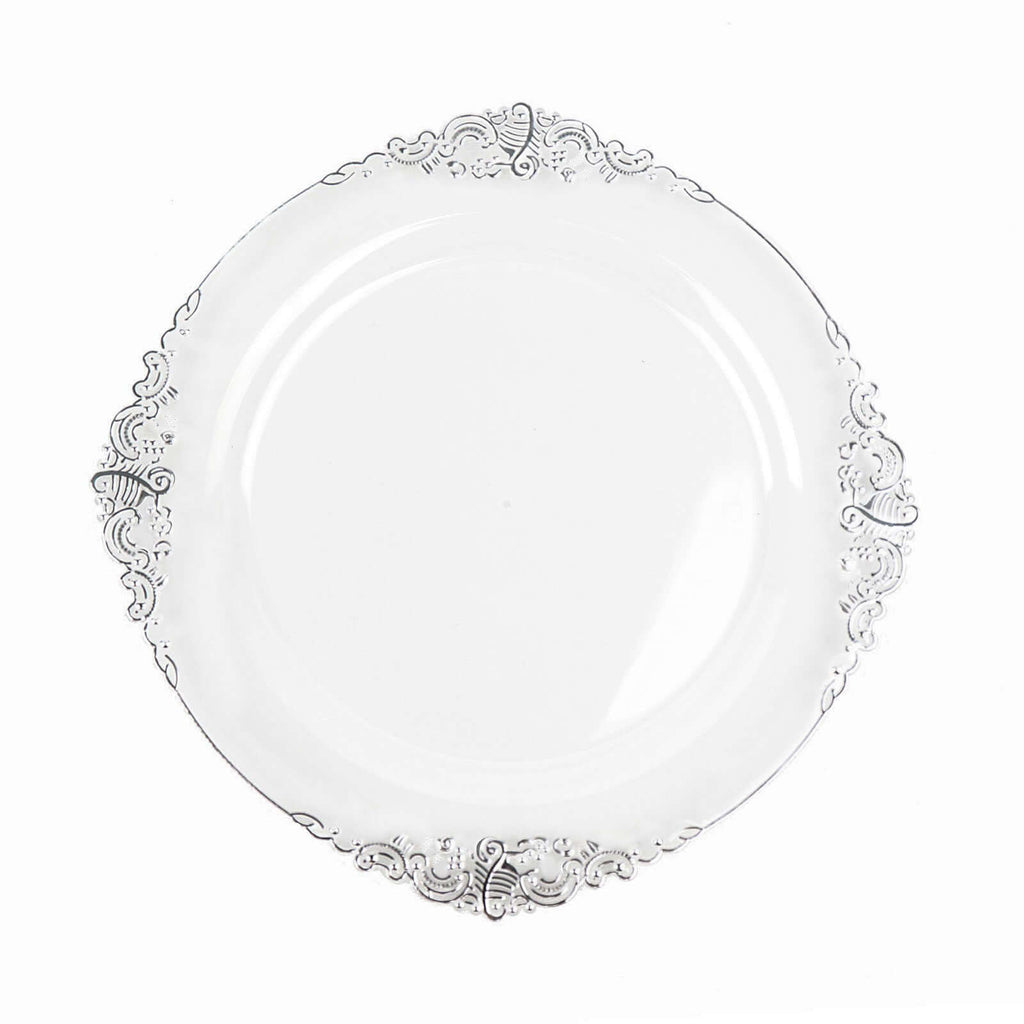 10 - Pack Plastic 10" Round Dinner Plates in Clear with Silver Leaf Embossed Rim - Disposable Vintage Baroque Style Plates - Bell Racket Store