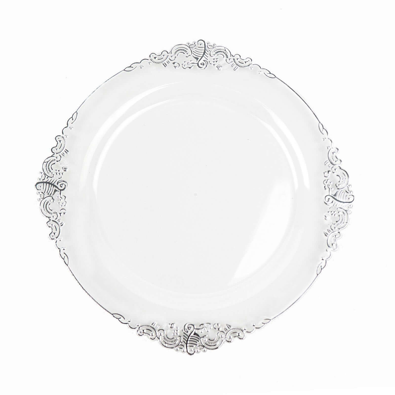 10 - Pack Plastic 10" Round Dinner Plates in Clear with Silver Leaf Embossed Rim - Disposable Vintage Baroque Style Plates - Bell Racket Store