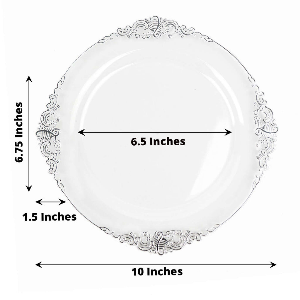 10 - Pack Plastic 10" Round Dinner Plates in Clear with Silver Leaf Embossed Rim - Disposable Vintage Baroque Style Plates - Bell Racket Store