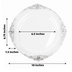 10 - Pack Plastic 10" Round Dinner Plates in Clear with Silver Leaf Embossed Rim - Disposable Vintage Baroque Style Plates - Bell Racket Store