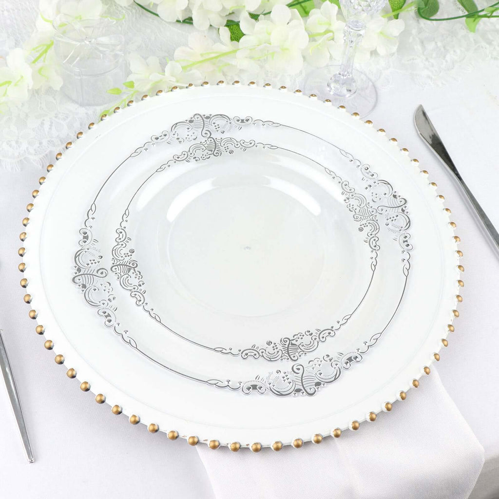 10 - Pack Plastic 10" Round Dinner Plates in Clear with Silver Leaf Embossed Rim - Disposable Vintage Baroque Style Plates - Bell Racket Store