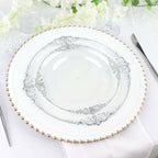 10 - Pack Plastic 10" Round Dinner Plates in Clear with Silver Leaf Embossed Rim - Disposable Vintage Baroque Style Plates - Bell Racket Store
